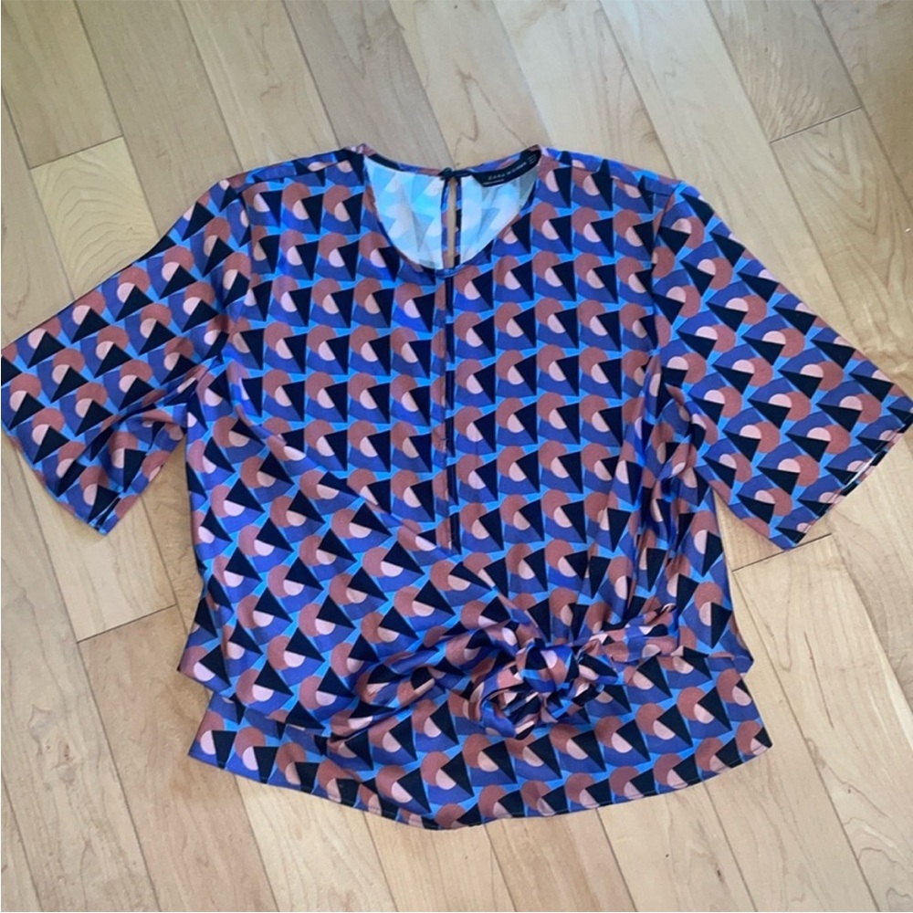 Zara Woman XS Geometric Blue and Pink Top blouse